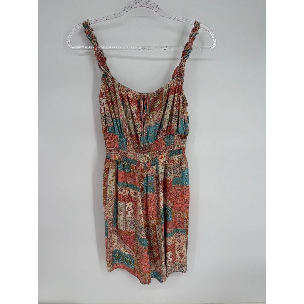O'Neill Womens Boho Patchwork Romper Jumpsuit Smocked Waist‎ Tie Neck Sz M